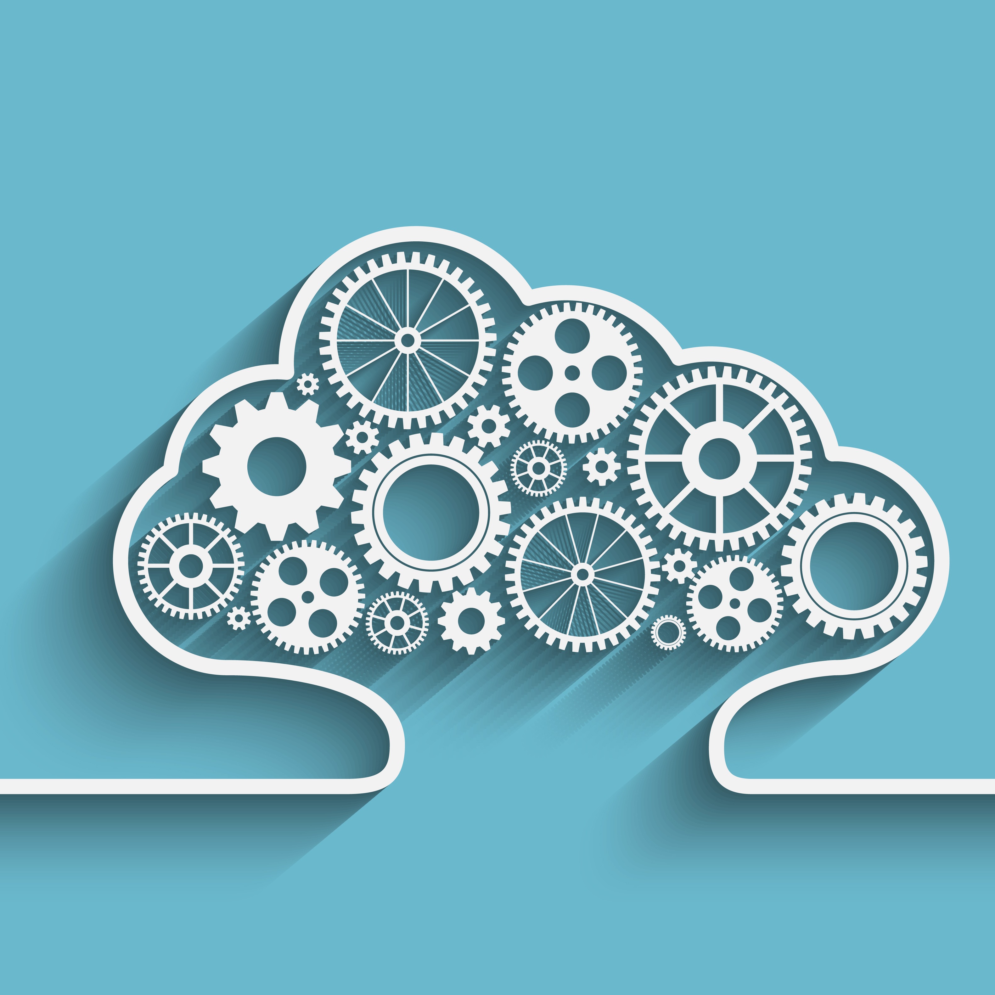 A white outlined cloud shaped cloud-erp with gears inside of it on a light blue background.